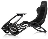 Zwarte Playseat racestoel met metalen frame, gefotografeerd op een witte achtergrond.