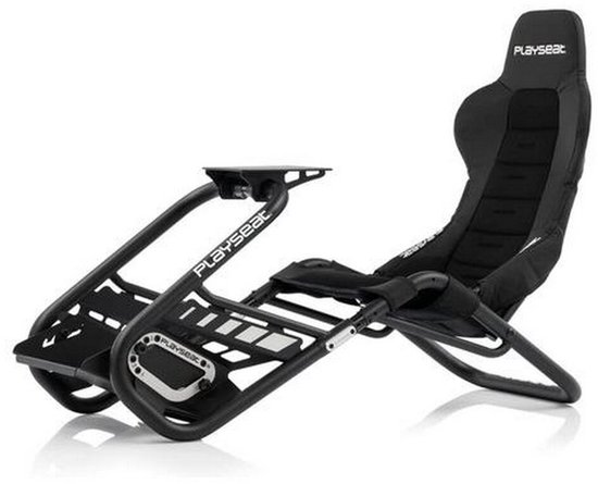 Siège de course Playseat noir avec cadre métallique, photographié sur fond blanc.