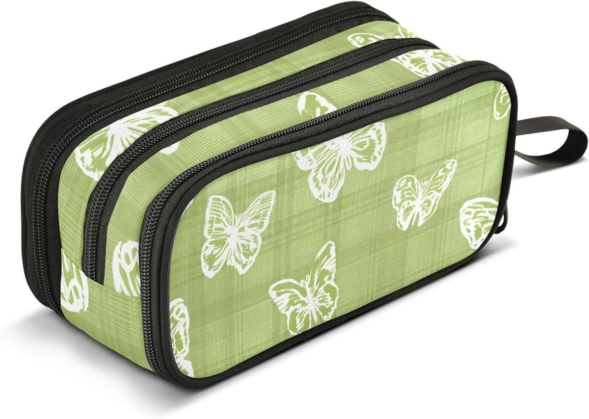 Potlood Etui - Pennentas Opbergtas - Schoolbenodigdheden Opslag - Drie Gelaagde Vakken - 8.8x3.5x4.3 Inch - Vlinders Olijfgroen