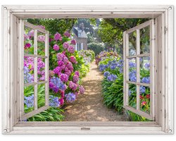 Tuinposter 120x90 cm - Tuindecoratie Hortensia - Doorkijk - Bloemen - Zomer - Paars - Pad - Poster voor in de tuin - Buiten decoratie - Schutting tuinschilderij - Tuindoek muurdecoratie - Wanddecoratie balkondoek