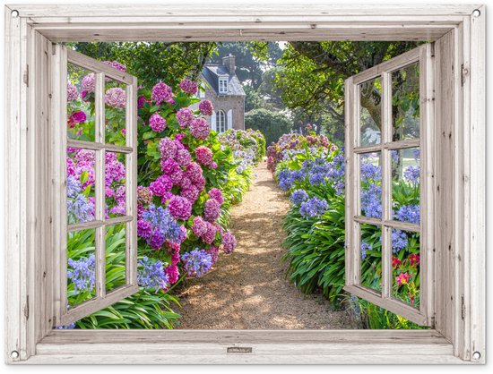 Tuinposter 120x90 cm - Tuindecoratie Hortensia - Doorkijk - Bloemen - Zomer - Paars - Pad - Poster voor in de tuin - Buiten decoratie - Schutting tuinschilderij - Tuindoek muurdecoratie - Wanddecoratie balkondoek