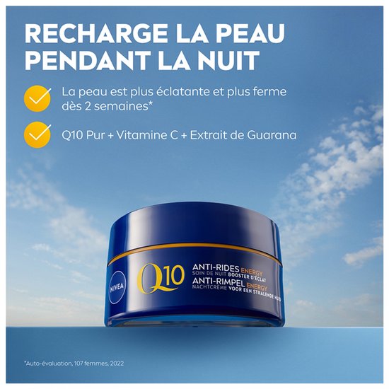 Nivea Q10 Energy nachtcrème pot. Tekst: 'Laad de huid 's nachts op'.