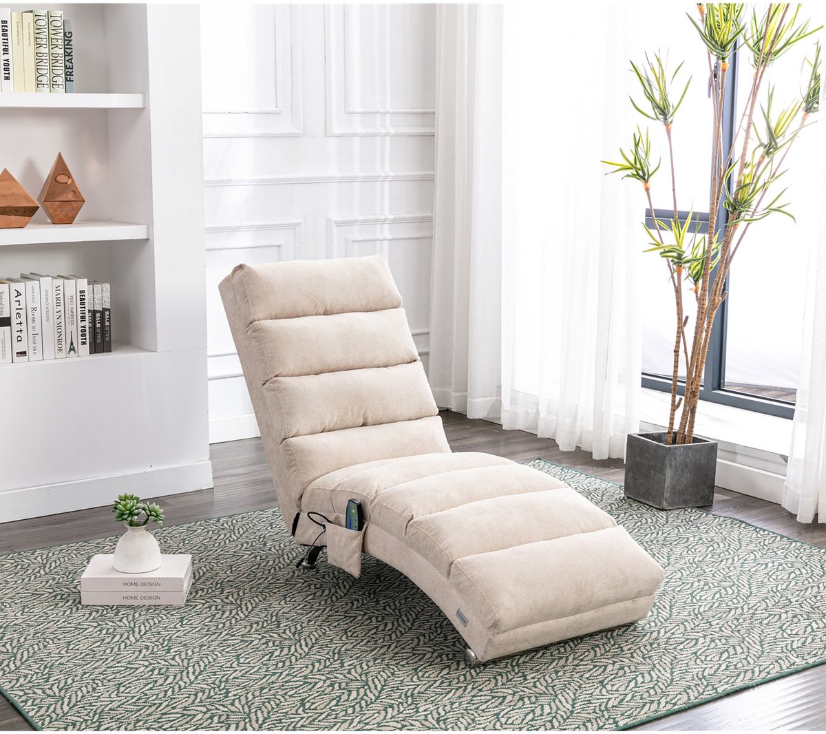 REDOM - Massageligstoel - Met Trillingsfunctie En Zijvak - Moderne Stijl - Voor Woonkamer Of Slaapkamer - Linnen - Beige - 55 X 148 X 84 Cm