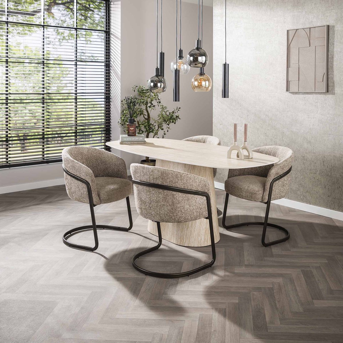 Dimehouse Moderne Eettafel Archon Keramiek Travertin 180 cm - Keramiek - Japandi - Deens ovaal Travertinlook
