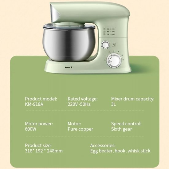 Deegmixer - Keukenmixer Elektrische Mixer - Bakken en Koken - Kantelkopontwerp - 3.5L Kom - Zilver — afbeelding 2