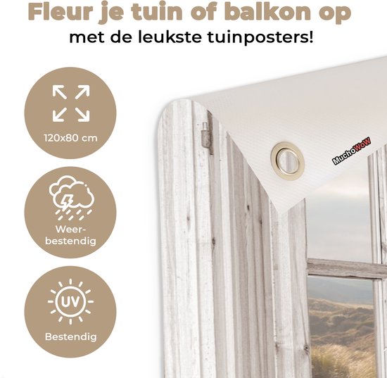 Tuinposter doorkijk raam - Tuindecoratie strand en zee - 120x80 cm - Tuinschilderij voor buiten natuur - Tuindoek duinen - Wanddecoratie tuin - Schuttingdoek - Balkon decoratie - Muurdecoratie - Buitenposter