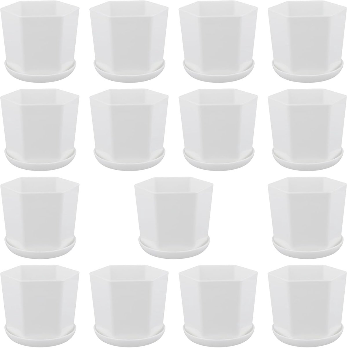 Pack of 15 White Plant Pots, Square, 9 x 8.2 cm, Hexagonal Grow Pots with Coasters, Small Plastic Grow Pots for Plants, Herbs, Succulents, Balcony, Decoration