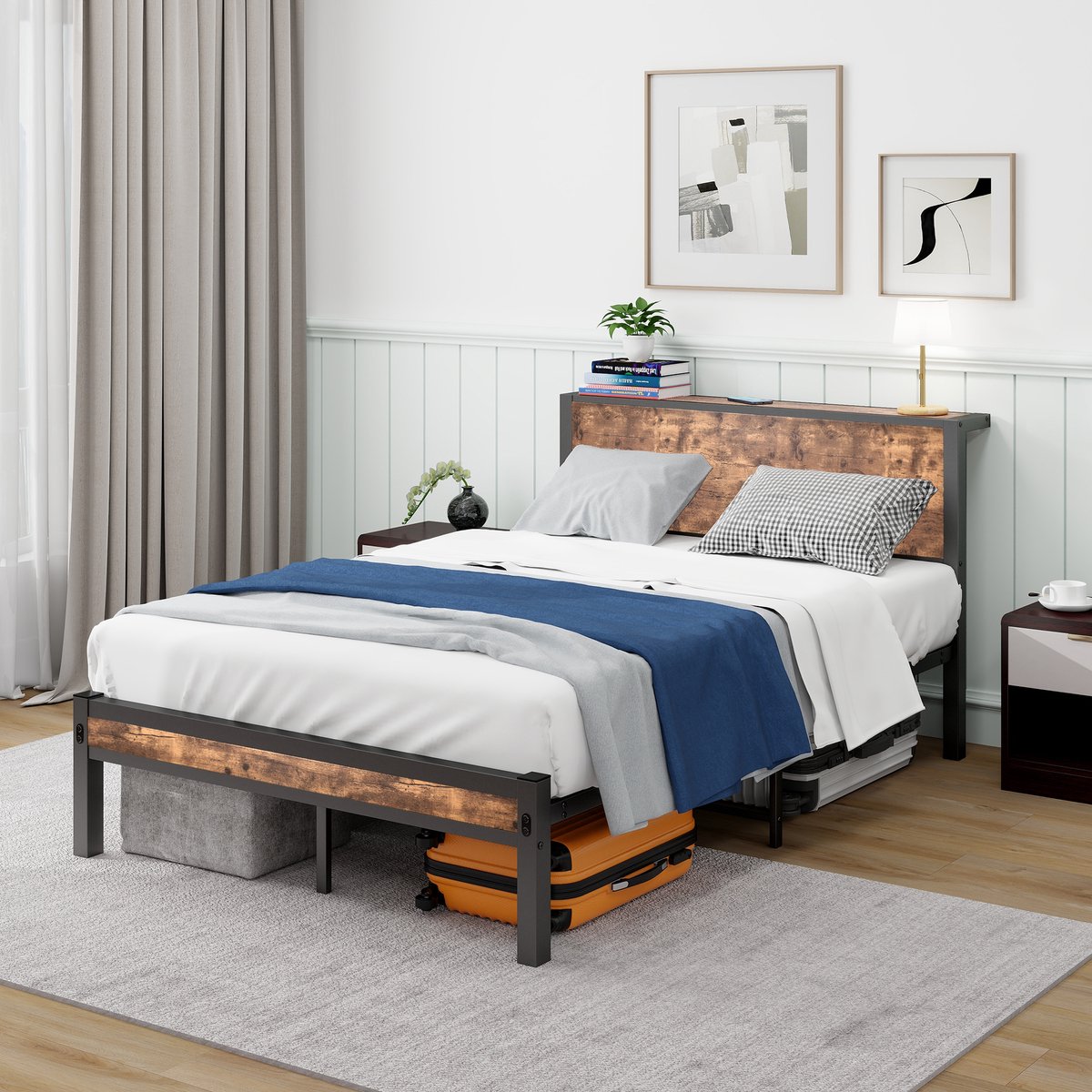 MODFU – Eenpersoons Bedframe – 120x200 cm – Opberghoofdbord – MDF – Antiekbruin