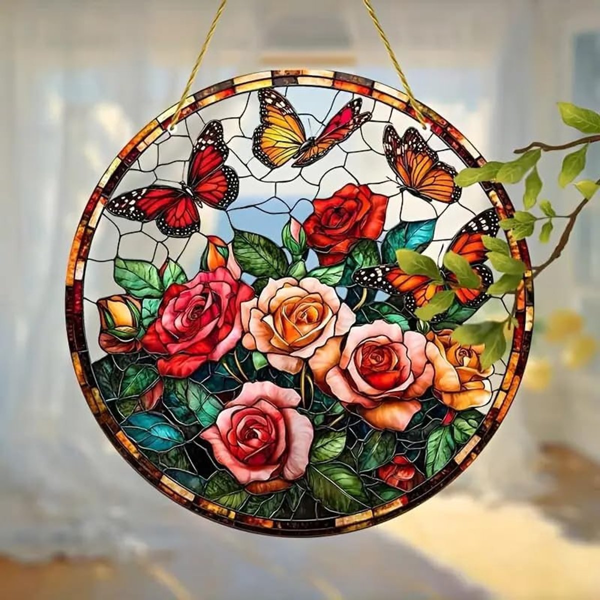 Kleurrijke Vlinder Geïnspireerde Geveldecoratie van Gebrandschilderd Glas voor Raam, Wand en Cadeaus