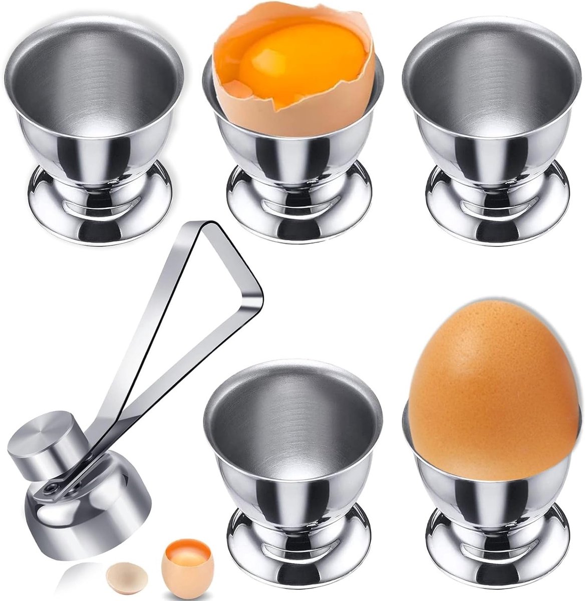 Set van 5 RVS Eierdoppen met Broodcontainers en Eiersnijder, Perfect voor Ontbijt en Brunch