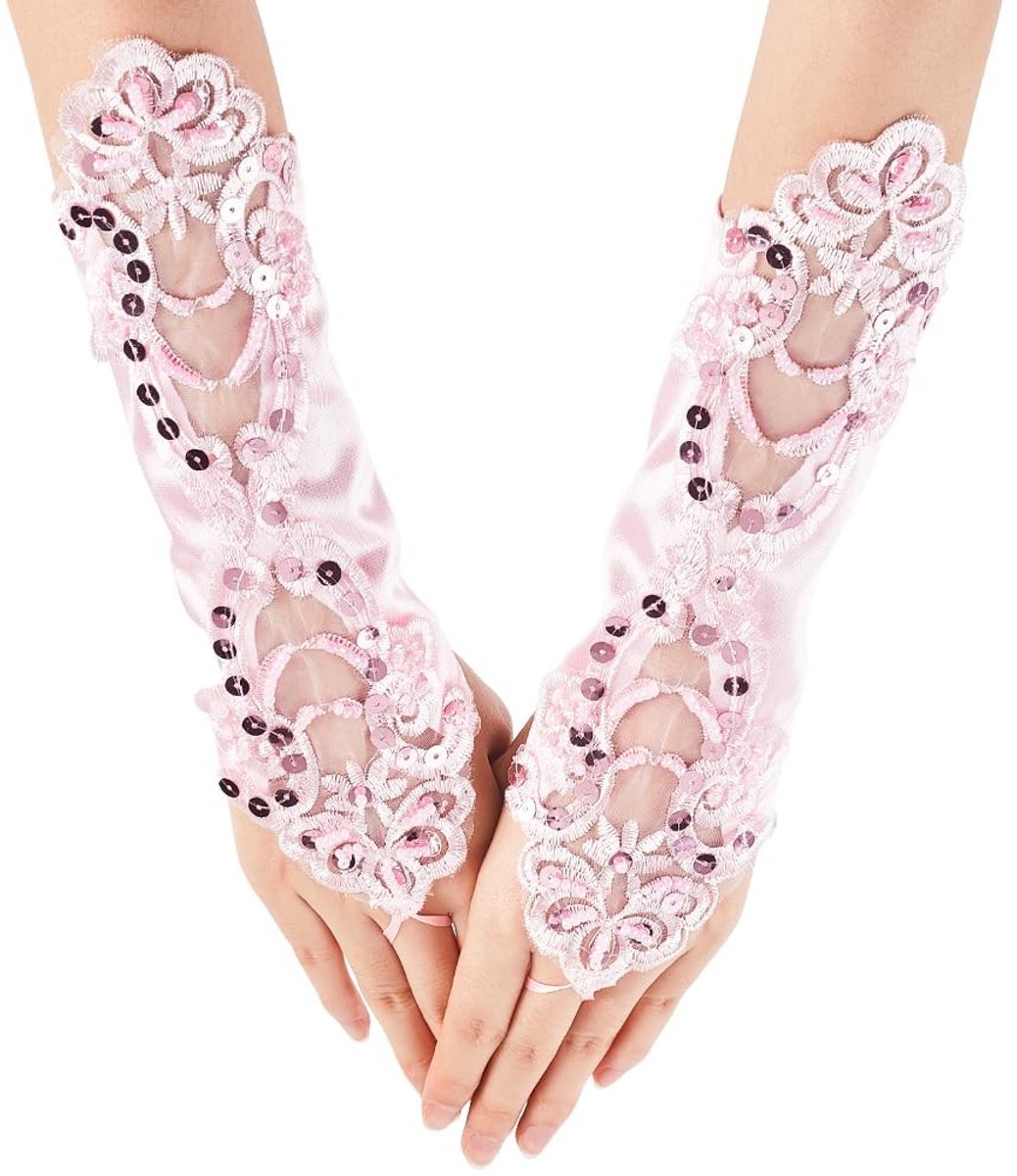 GORGECRAFT 2-delige Vingerloze Kanten Handschoenen - 11 Inch Lange Bruiloft & Feest Handschoenen - Perle Roze
