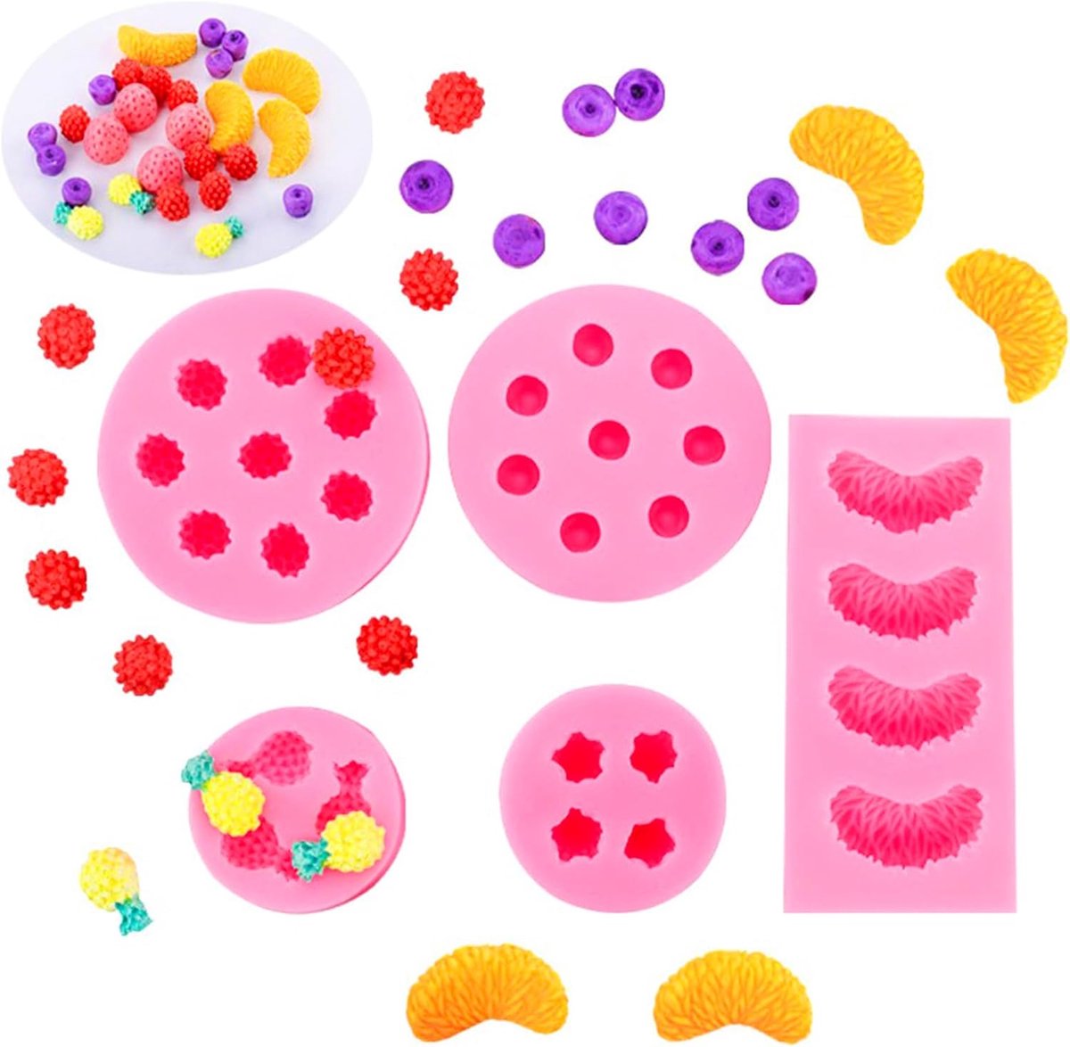 Pack van 5 Silicone Moulds - Fruit Mould Baking Mould - 3D Fruit Moulds voor Ananas - Sinaasappel - Aardbei - Blauwe Bes - Moerbei - Silicone Mould voor Taart - Snoep - Chocolade en Zeep
