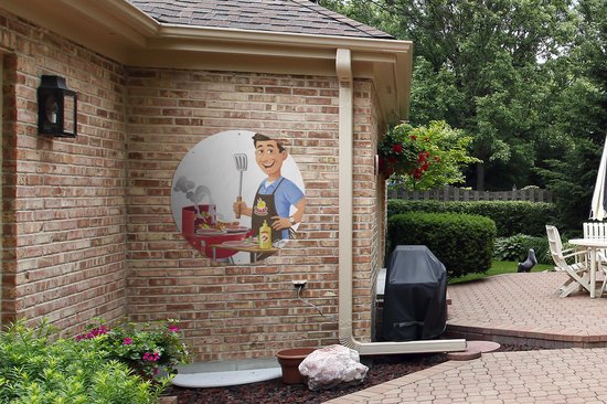 Tuincirkel Een illustratie van een man die het eten bakt op de barbecue - 90x90 cm - Ronde Tuinposter - Buiten