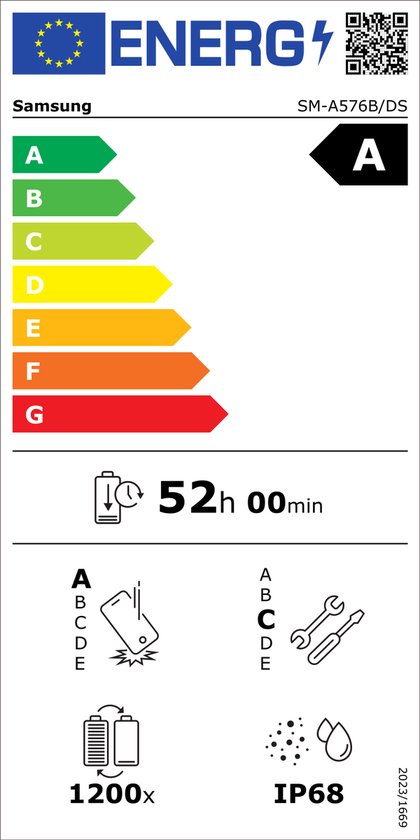 Energie-etiket met Samsung logo, 'A' klasse en 52 uur batterijduur.