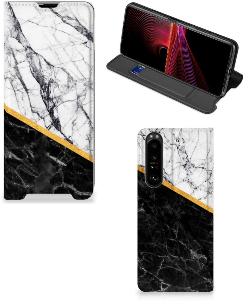 Sony Xperia 1 III Standcase Marmer Wit Zwart - Origineel Cadeau Man
