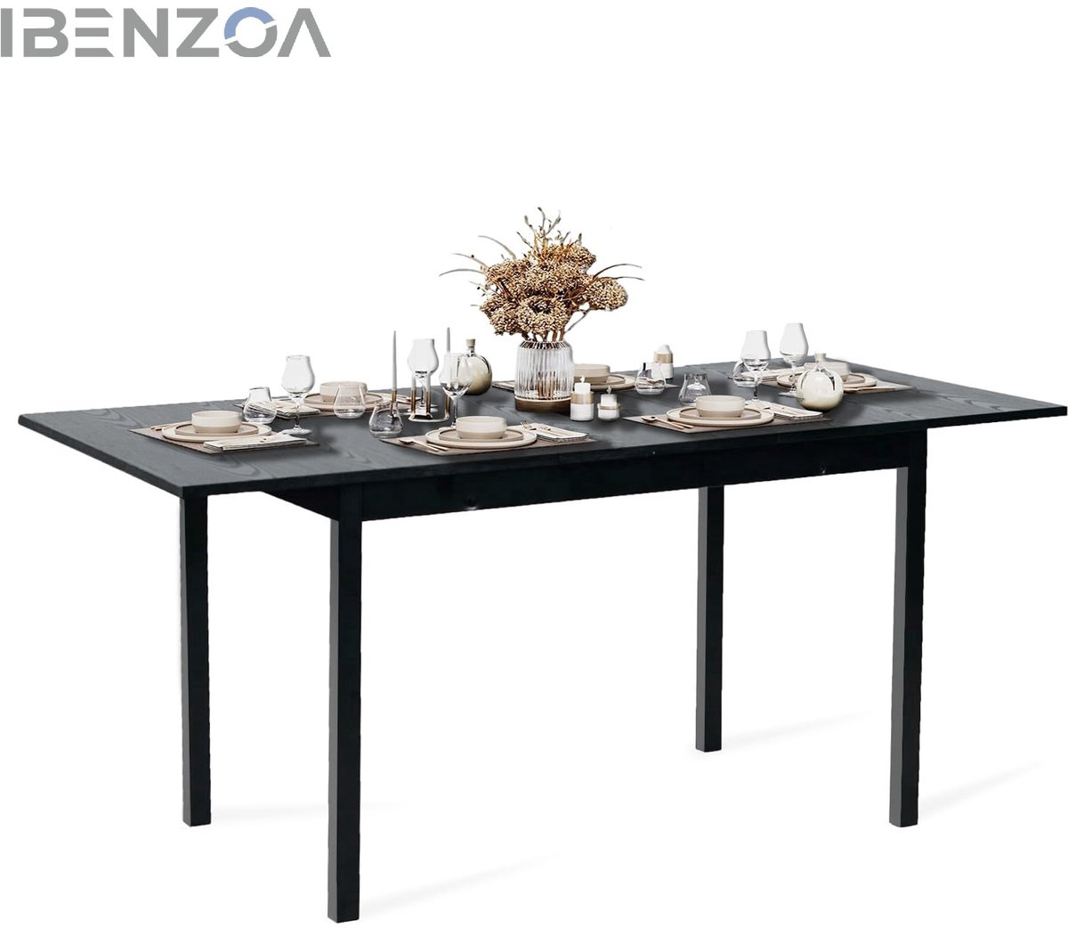 Ibenzoa Eettafel - Uittrekbaar - 120-160 x 80 cm - Zwart - Hout en Metalen frame