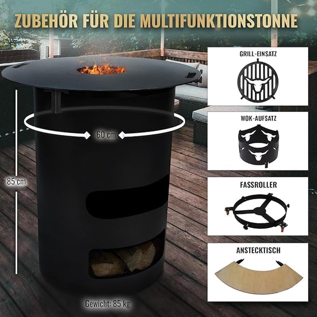 Vuurkorf & Grillset Bellavero – Complete Multifunctionele 100 cm Vuurplaat Set, 6 mm Staal, Vuurkorf, Diafragma & Steunijzer, Houtgestookt, Ronde Buitenhaard en Barbecue