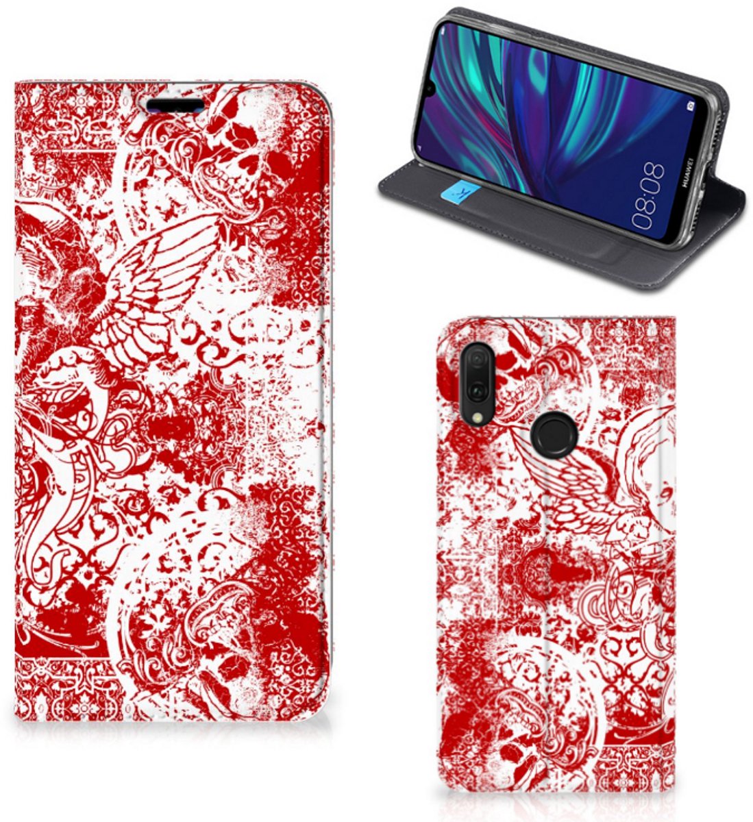 Mobiel BookCase Huawei Y7 hoesje Y7 Pro (2019) Angel Skull Rood
