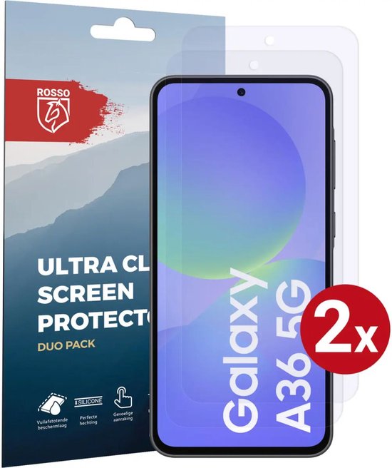 Duo pack screenprotectors voor Galaxy A36 5G. Verpakking met rode en blauwe bergachtergrond. Bevat 2 beschermfolies en een telefoon.