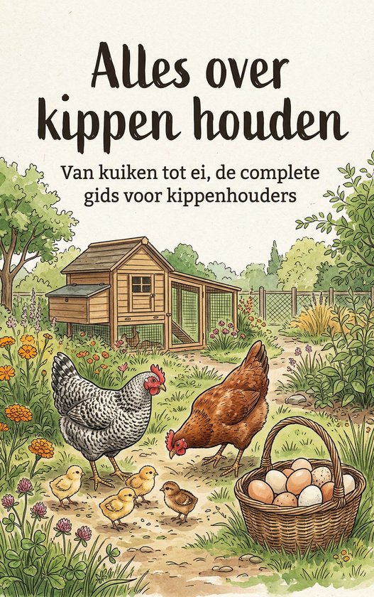 Couverture du livre 'Alles over kippen houden' avec un dessin de poules, poussins, un poulailler et un panier d'œufs.