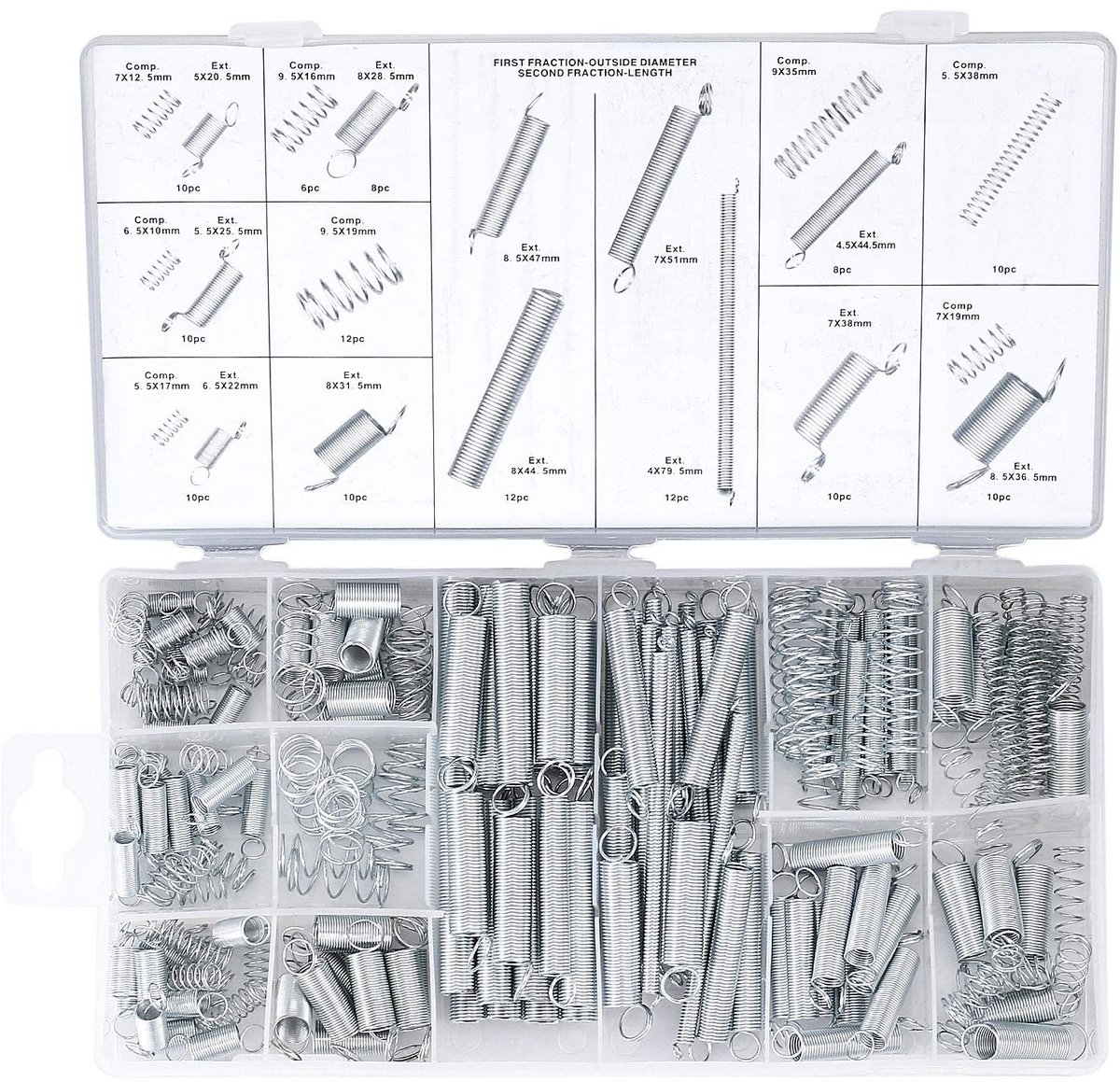 Cosensi- Compressieveer Stabiel en Duurzaam - Drukveren - Trekveren - Assortiment - 200 Stuks - Roestvrij Staal - Opbergdoos - Veerassortiment