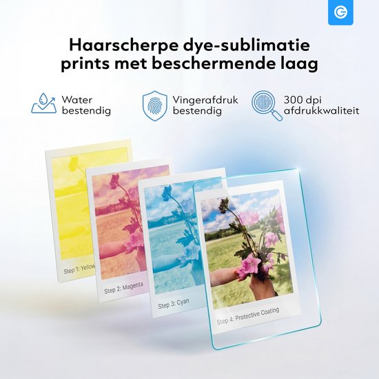 Haarscherpe dye-sublimatie prints met beschermende laag. Waterbestendig, vingerafdrukbestendig, 300 dpi afdrukkwaliteit.