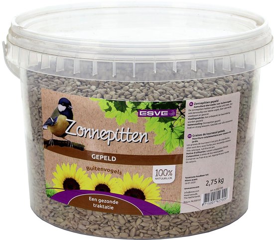 Emmer met gepelde zonnepitten voor buitenvogels, 2,75 kg. Label met een koolmees, zonnebloemen en "Zonnepitten".