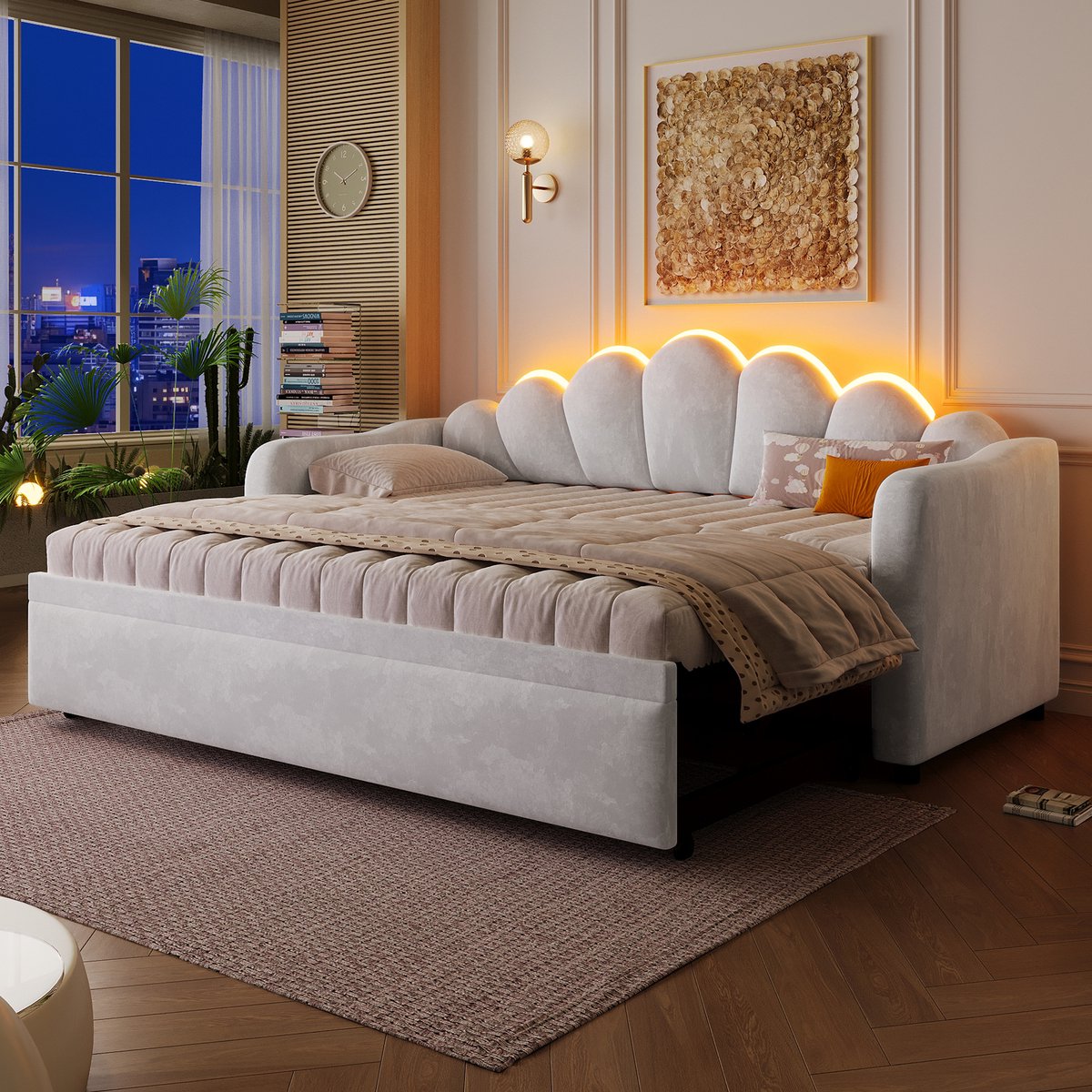 STILVORA Gestoffeerd Dagbed 90x200 cm – Uittrekbaar Logeerbed Met Ledverlichting – Zonder Matras – Fluweel – Grijs