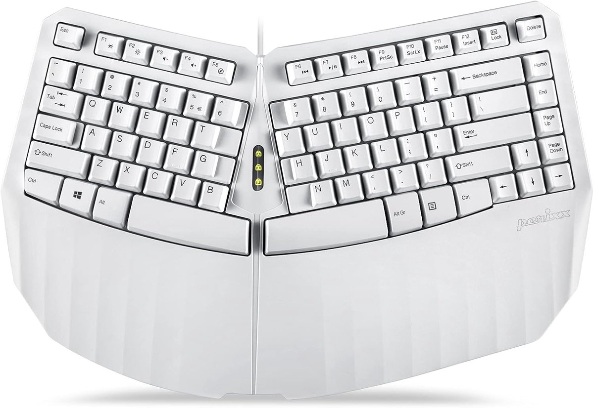 Perixx Periboard-413W Compact Ergonomisch Toetsenbord – Bedraad USB – Wit – US QWERTY – Gedeeld Toetsenveld – Polssteun