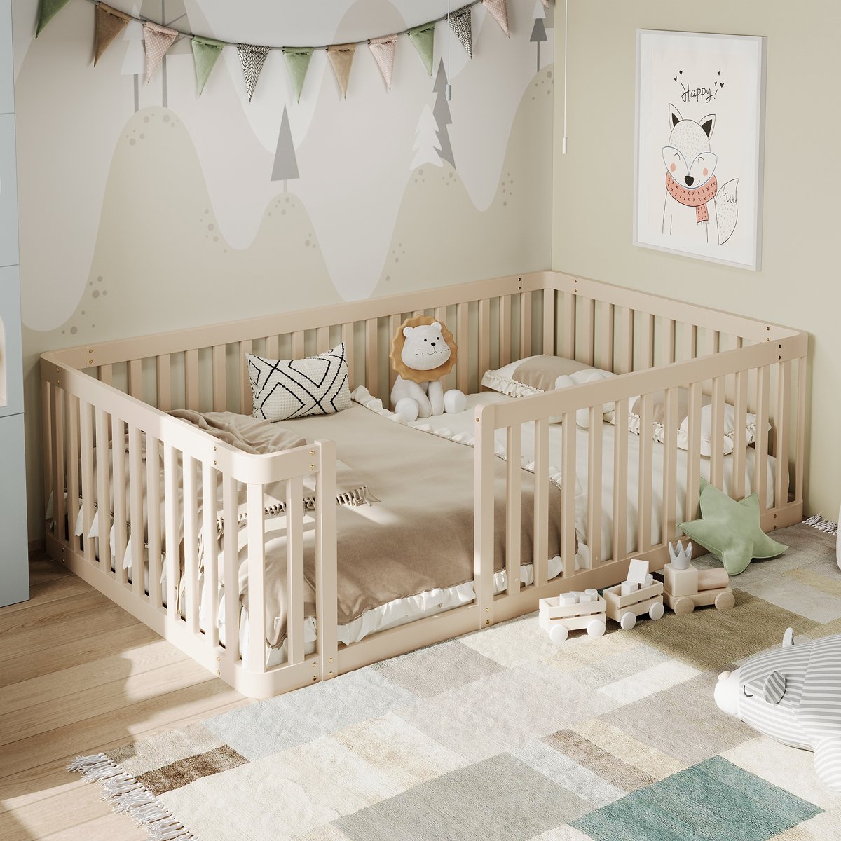 MIVRAY Kinderbed 90x200 cm - Halfgesloten Bed Met Veiligheidshek - Zonder Matras - Laag Vloerbed Voor Kinderkamer - Grenen - Crème