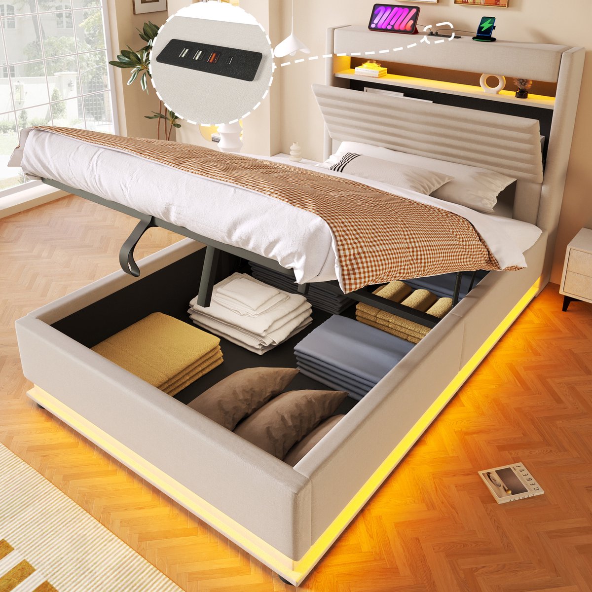 FloraGrace Gestoffeerd Bed 90x200 cm - Met Ledverlichting en USB Type C - Hydraulische Opbergruimte - Zonder Matras - Beige