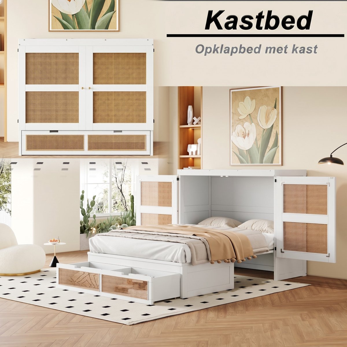 VVBV Opklapbed 140x200 – Vouwbed – Wandbed – met Lattenbodem en Opbergruimte – Ruimtebesparend – Hout – Wit – Rattan Front – Lades White