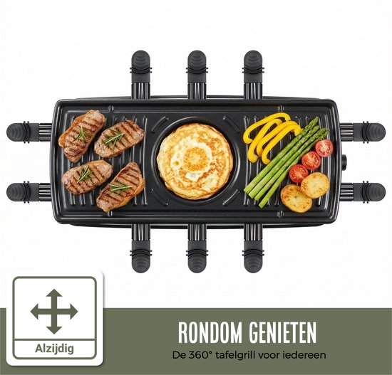 Coock Gourmetstel 10 Personen - Raclette Set XL met Grillplaat - 1500W - Regelbare Thermostaat - Anti-aanbaklaag - RVS/Zwart — afbeelding 4