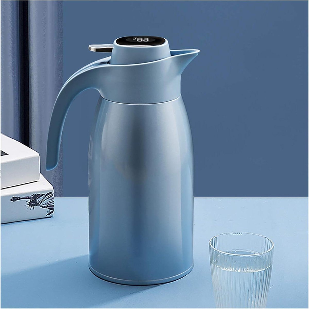 Thermoskan RVS - Koffiekan Warmhoud - Dranken Warm Houden - Temperatuur Display - 2 Liter - Blauw