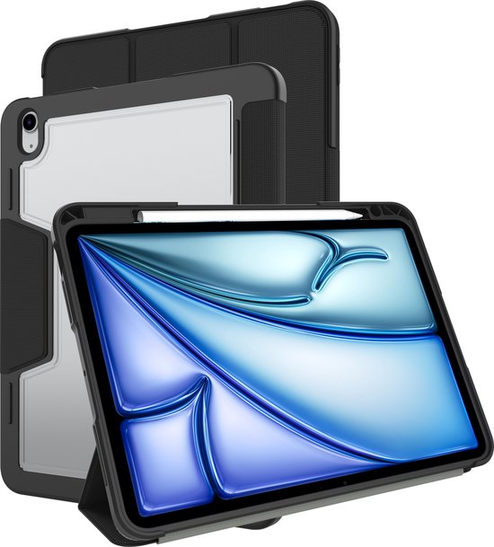 Zwarte, robuuste tablethoes met ingebouwde standaard en Apple Pencil houder.
