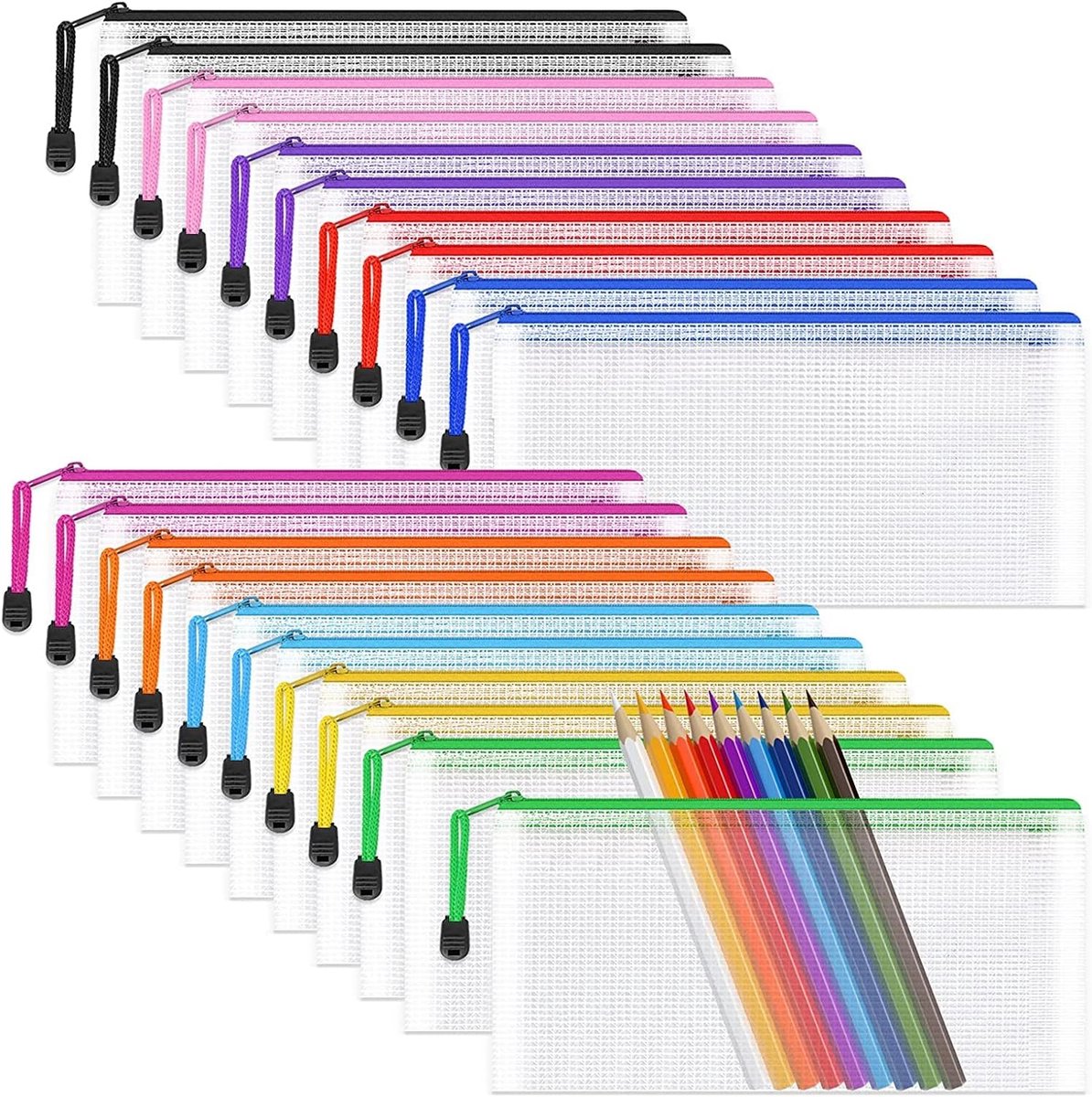 VHV - Etui set - Ritszakjes - Pennenetui - 20-delige etui set - Transparante ritszakjes - Ritszakje organizer - Document organizer - Opbergtasjes met rits - Voor school - Voor kantoor - Voor reizen