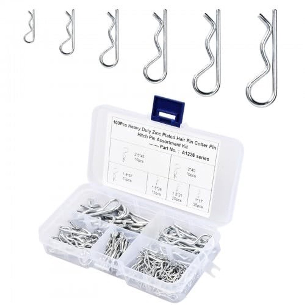 Dailygoods- Veiligheidssplinten 100 stuks - Roestvrij Staal - Veerstekkers - Assortiment 6 Maten - Corrosiebestendig - Kunststof Doos 14,5x6,9x2,1 cm - Splint
