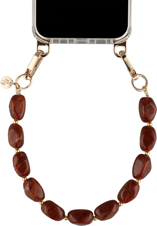Cordon de téléphone marron en perles satinées avec des détails dorés, attaché à une coque de téléphone.