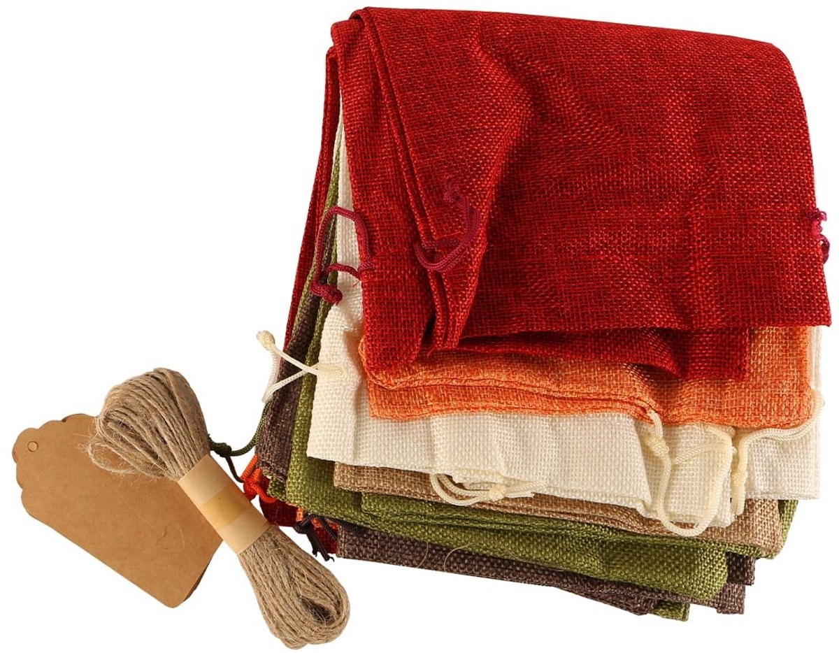 JHUBERS- Wijnfleszak 12 Stuks - Jute Zak - Geschenkzakjes - Kerstmis/Bruiloften/Verjaardag - Praktische Labels - Ademend Materiaal - Geschenkzak