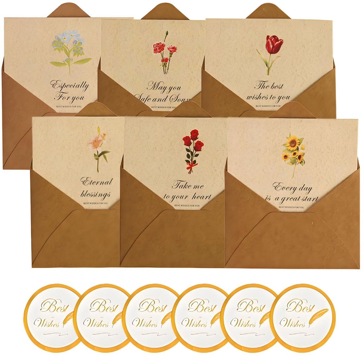 JHUBERS- Bedankkaarten Set - 6 Wenskaarten - Enveloppen Kraftpapier - Goudbedrukte Zegelstickers - Blanco Kaarten - Hoogwaardige Materialen