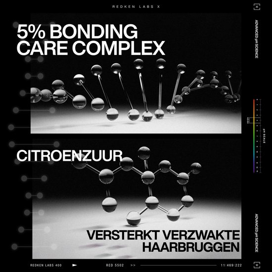 Moleculaire structuren van 5% bonding care complex en citroenzuur die verzwakte haarverbindingen versterken.
