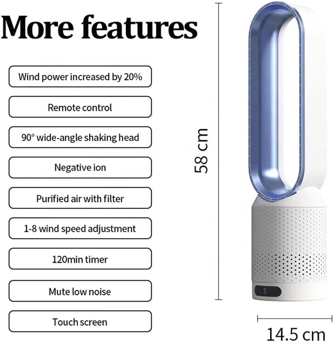 Torenventilator Luchtreiniger - Bladeloze Ventilator - Binnenklimaat Verbeteren - 2-in-1 Functie - 56 Cm - Wit Blauw – foto 7