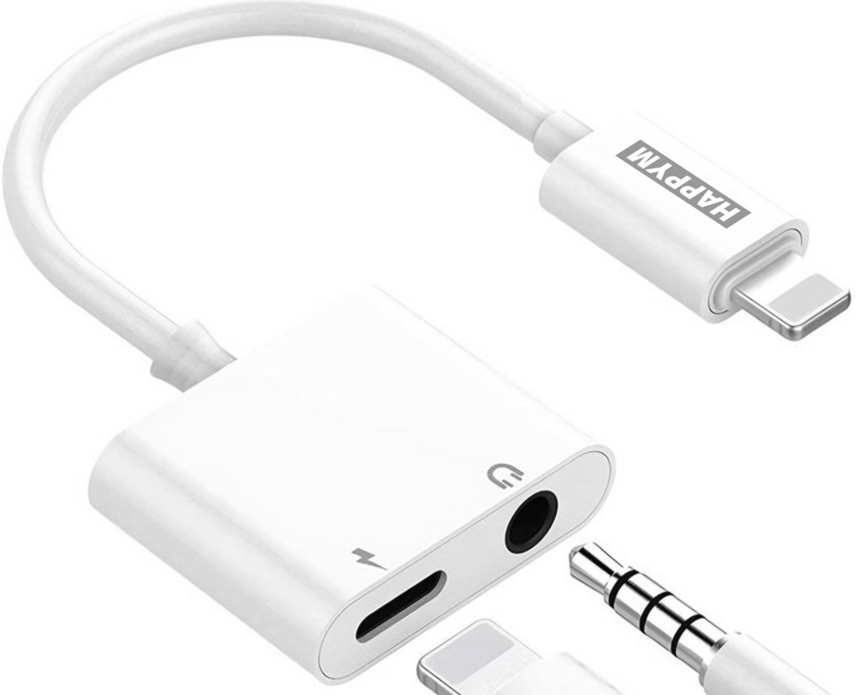 Happym Lightning Splitter Adapter - Audio Jack + Opladen - Wit