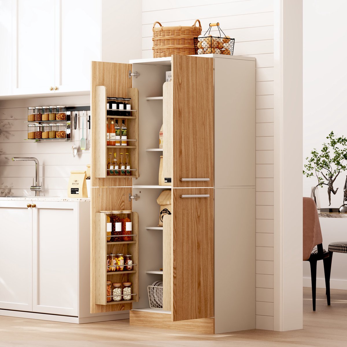 OKWISH Keukenkast Voorraadkast – 76 x 42 x 180 cm – 4 Deuren – Verstelbare Planken – Voor Keuken En Eethoek – MDF Wit Naturel — cadeau in Cadeau-ideeën - foto 3