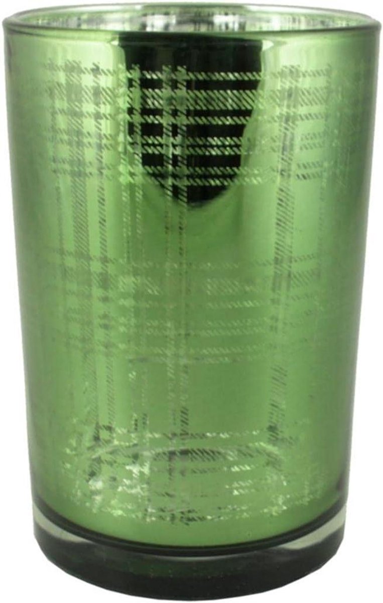 Glazen windlicht - Kaarsenhouder - Sfeervol huis - Groene ruiten design - 18 cm hoog - Groen