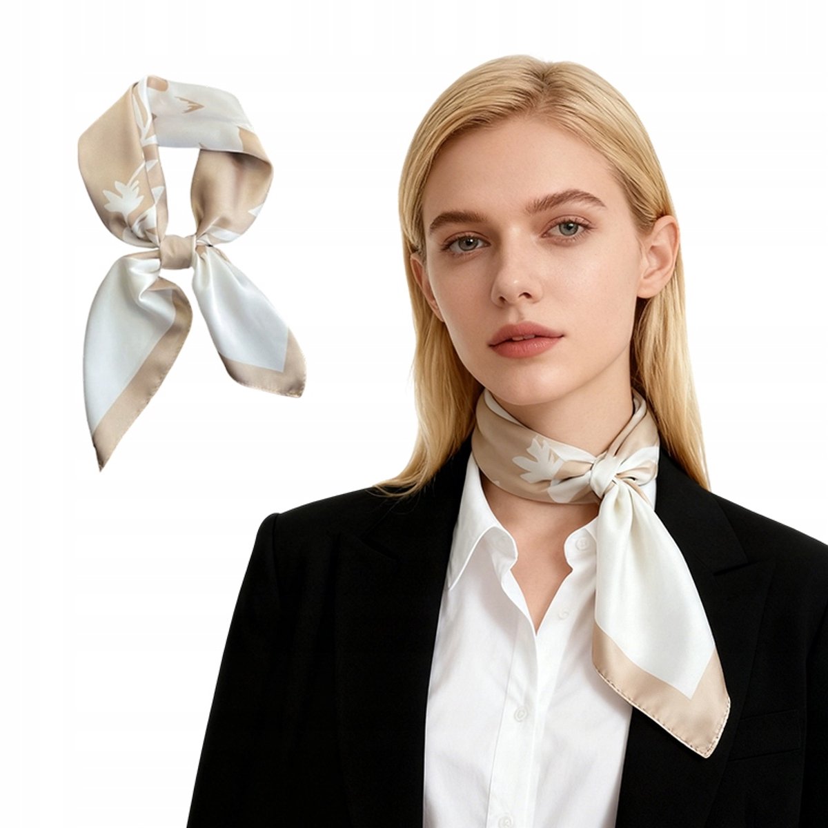 Damessjaal Licht Elegant Vierkant Beige Ecru Bloemenpatroon