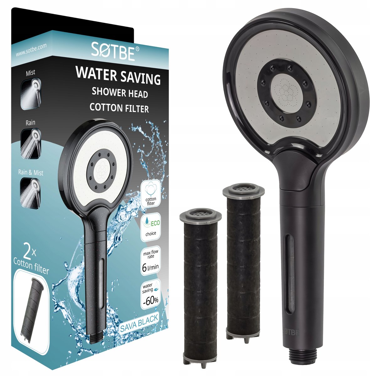 Douchekop Zwart met Filter - Waterbesparend 6 l/min