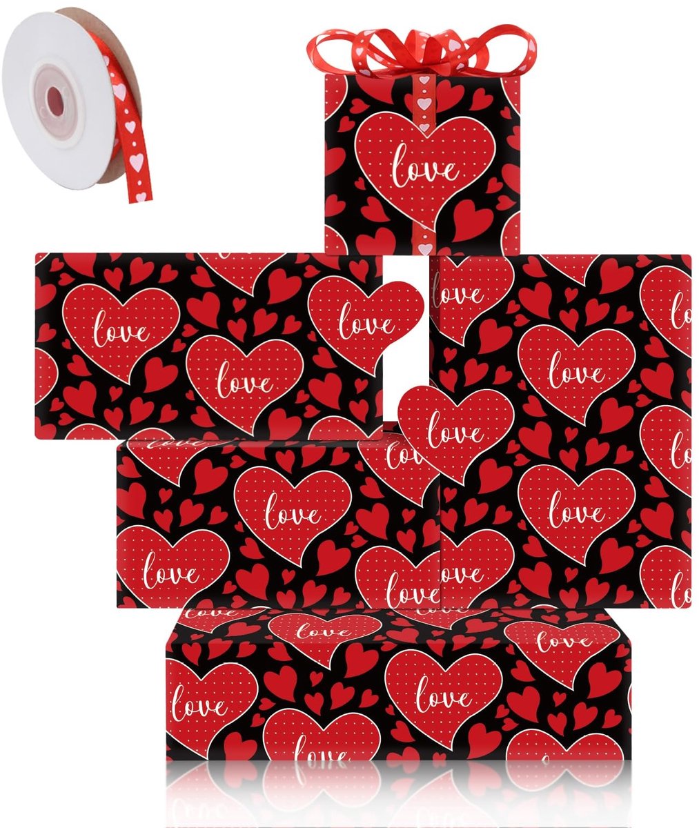 Dailygoods- Inpakpapier Bruiloft - Rode Harten - Cadeaupapier Verjaardag - Inpakpapier Valentijnsdag - Inpakpapier 50x70 cm - Set van 4 Vellen