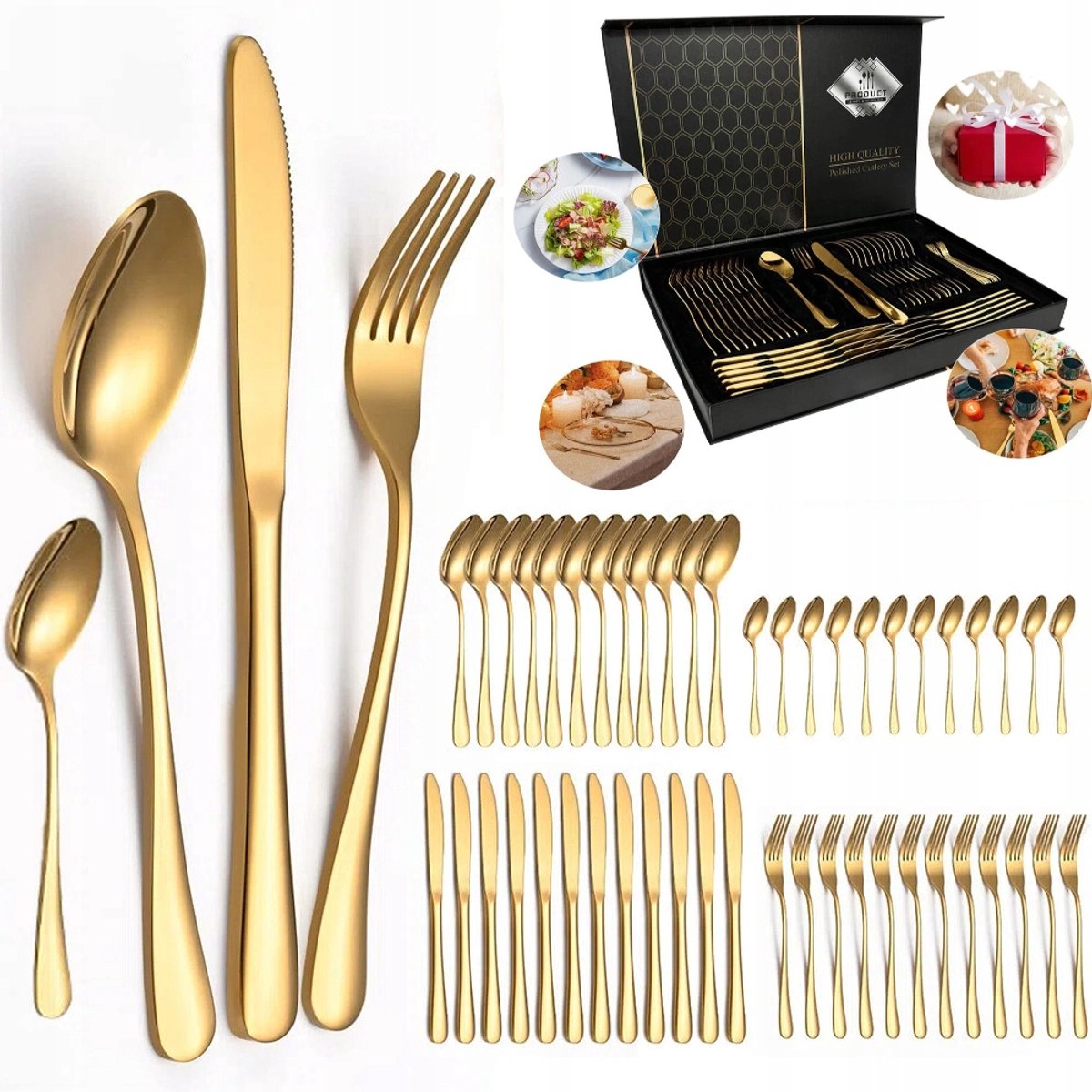 48-delig RVS Bestekset voor 12 personen - Luxe Gouden Afwerking