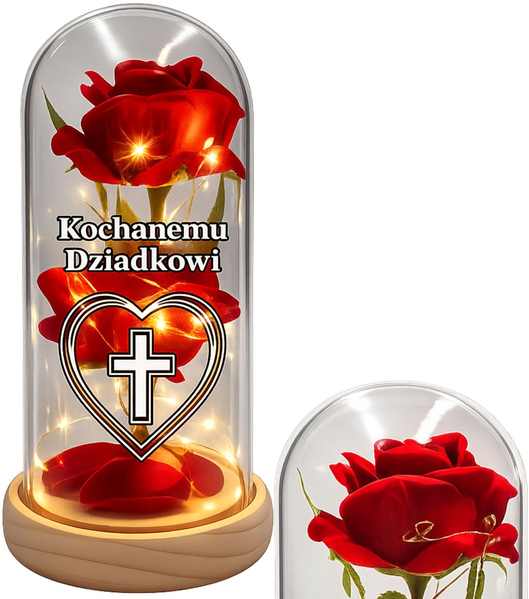 Eeuwige Roos LED Znicz voor Opa - Glazen Decoratie met Houten Basis